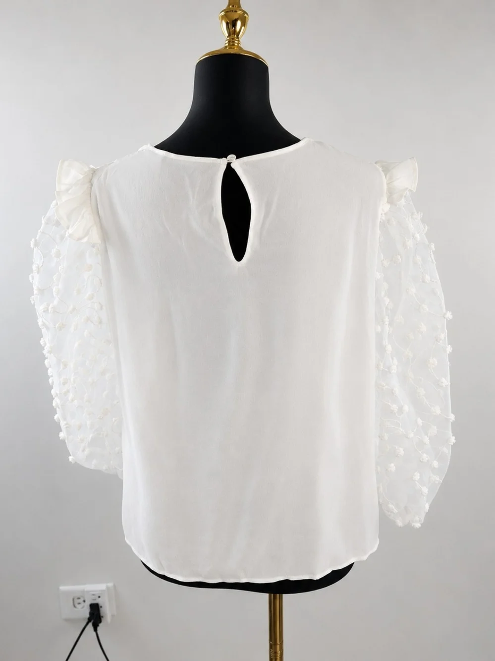Zara Women's Cream Blouse Floral Sheer Puff Sleeves 100% Viscose Size L